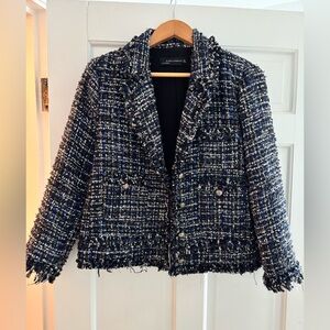 Zara Navy/Black Tweed Fringed Jacket